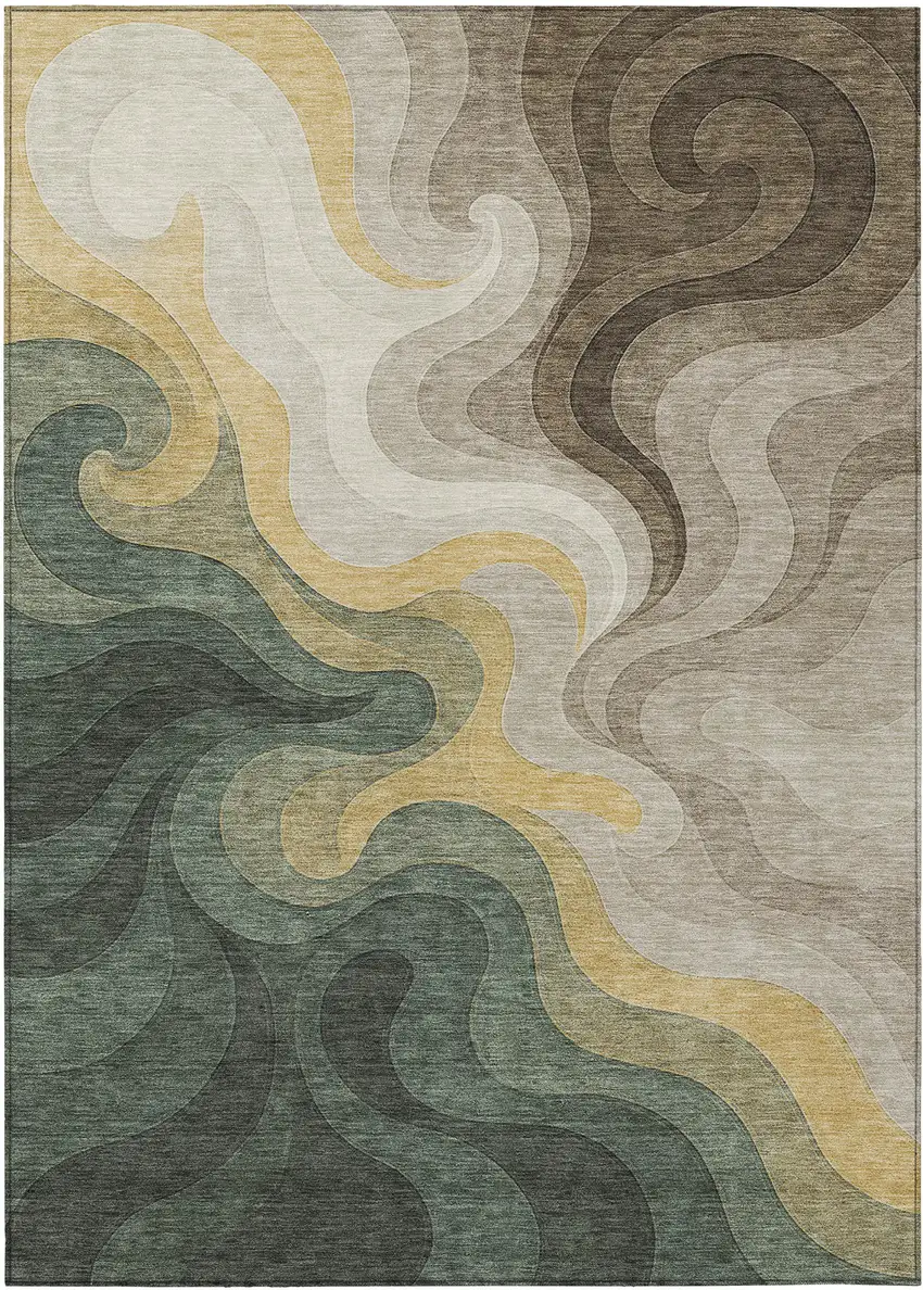Green And Beige Abstract Washable Indoor Outdoor Area Rug Photo 1