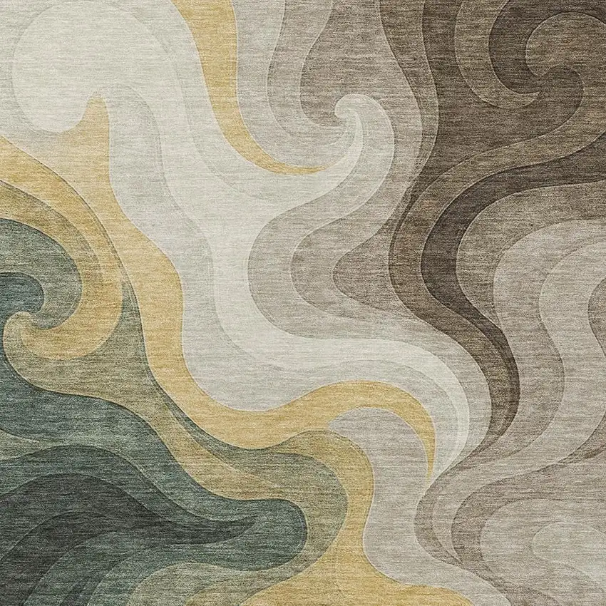Green And Beige Abstract Washable Indoor Outdoor Area Rug Photo 2