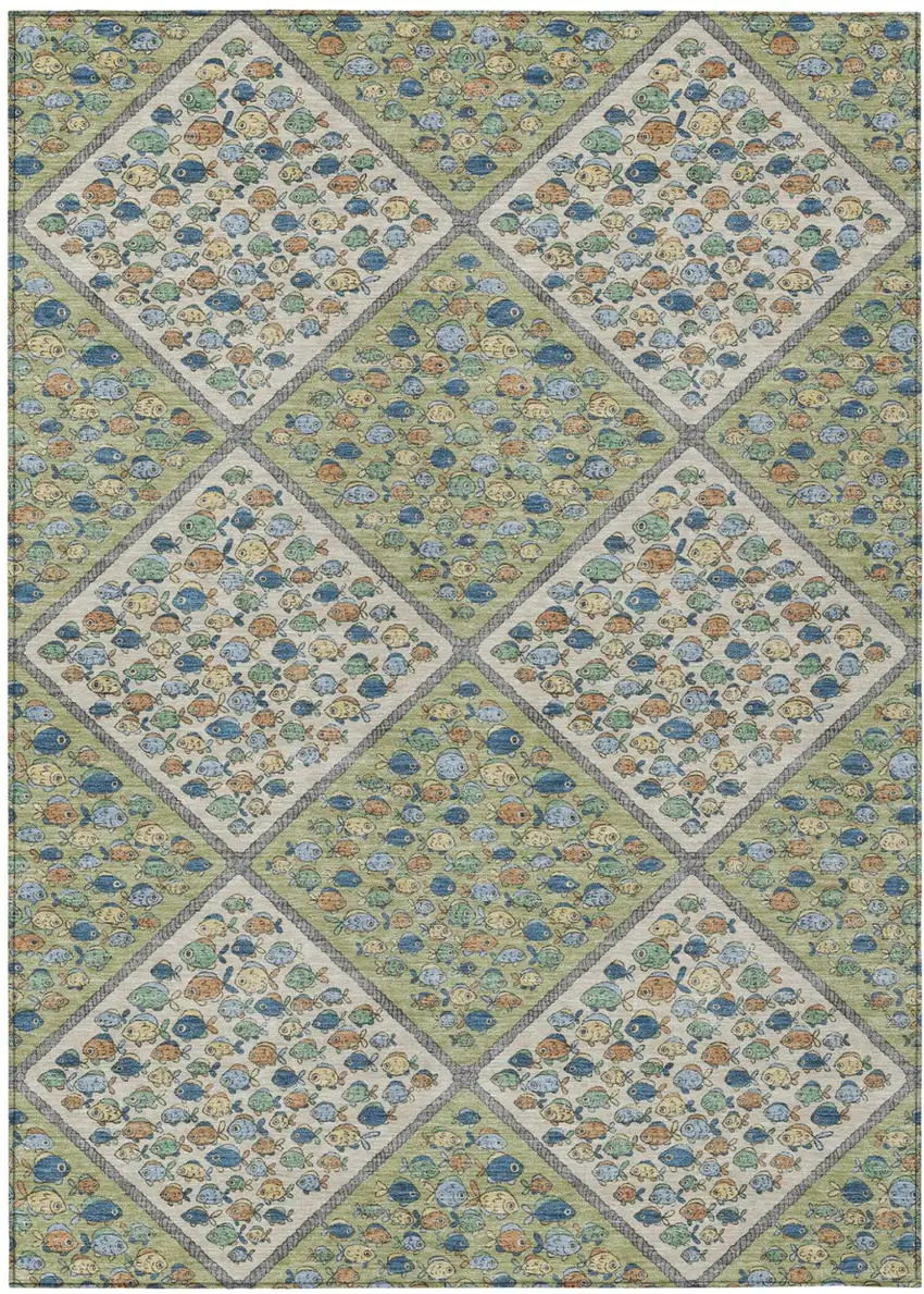Green And Beige Abstract Washable Indoor Outdoor Area Rug Photo 1