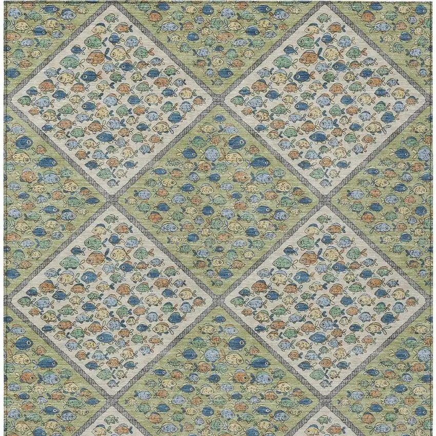 Green And Beige Abstract Washable Indoor Outdoor Area Rug Photo 3