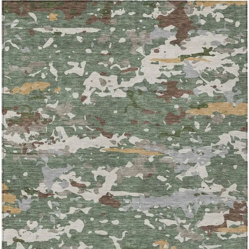 Green And Beige Abstract Washable Indoor Outdoor Area Rug Photo 3