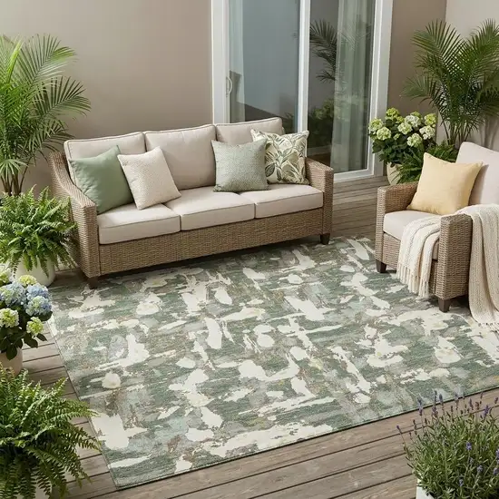 Green And Beige Abstract Washable Indoor Outdoor Area Rug Photo 1