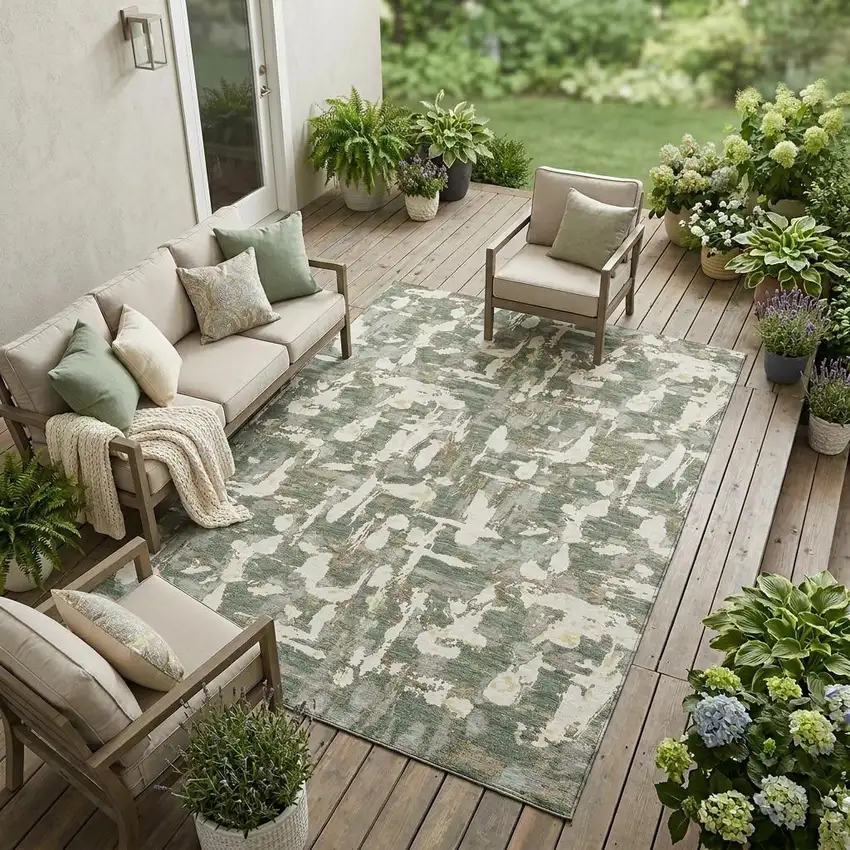 Green And Beige Abstract Washable Indoor Outdoor Area Rug Photo 1