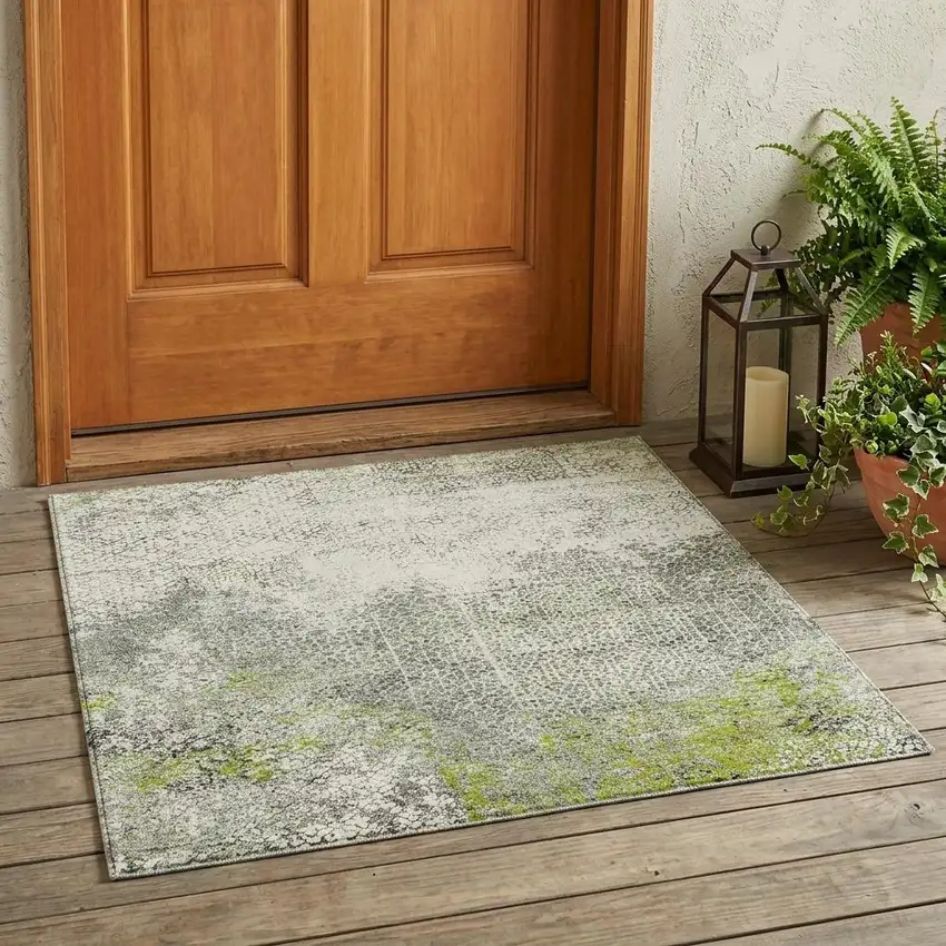 Green And Beige Abstract Washable Indoor Outdoor Area Rug Photo 1