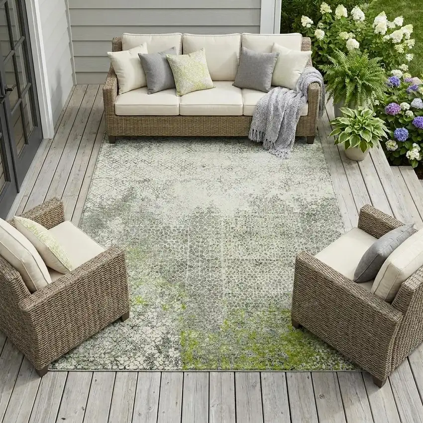 Green And Beige Abstract Washable Indoor Outdoor Area Rug Photo 1