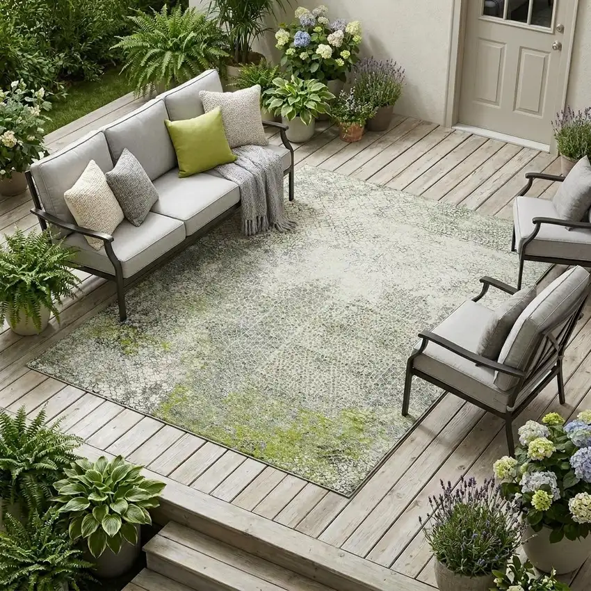 Green And Beige Abstract Washable Indoor Outdoor Area Rug Photo 1