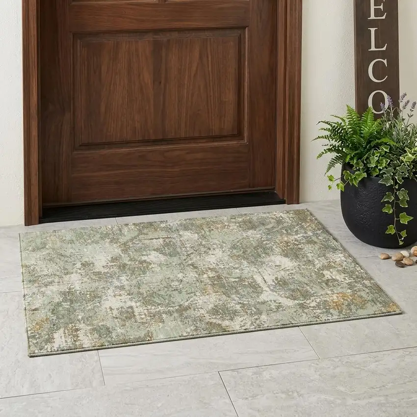 Green And Beige Abstract Washable Indoor Outdoor Area Rug Photo 1