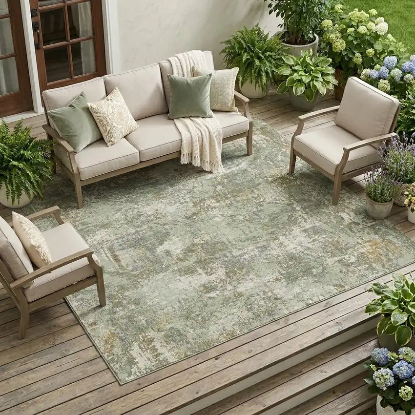 Green And Beige Abstract Washable Indoor Outdoor Area Rug Photo 1