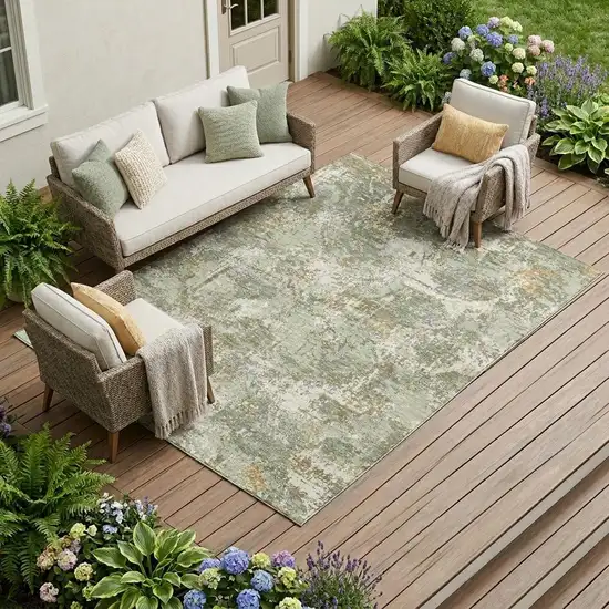 Green And Beige Abstract Washable Indoor Outdoor Area Rug Photo 1