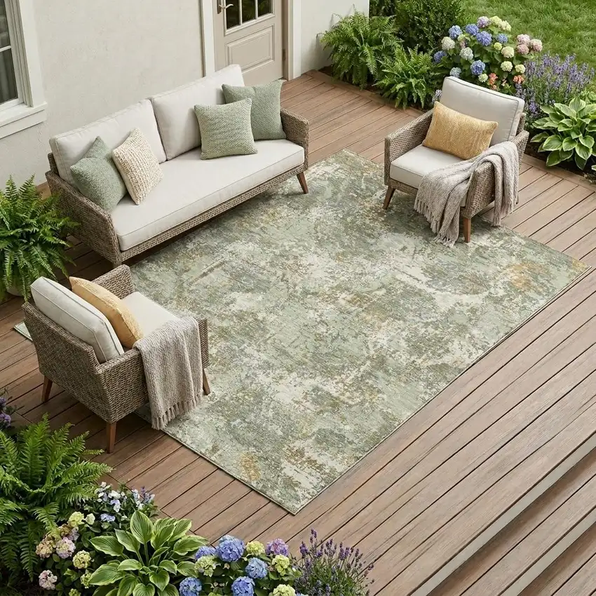 Green And Beige Abstract Washable Indoor Outdoor Area Rug Photo 1