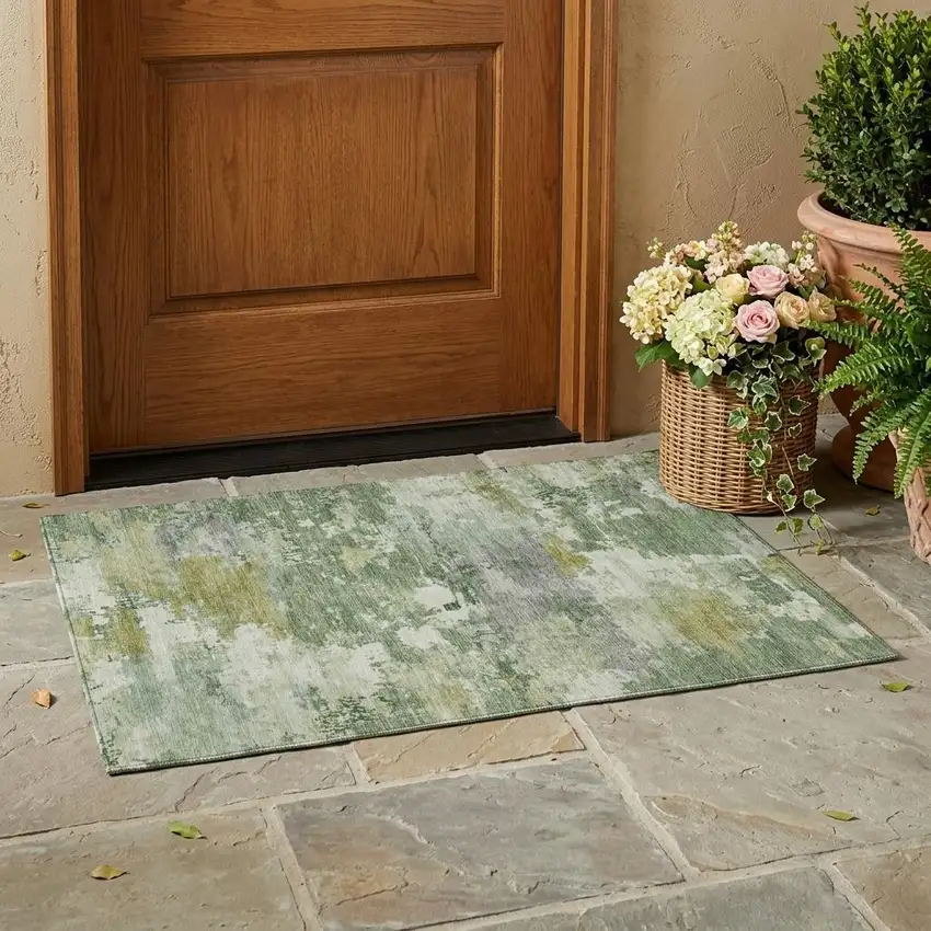 Green And Beige Abstract Washable Indoor Outdoor Area Rug Photo 1