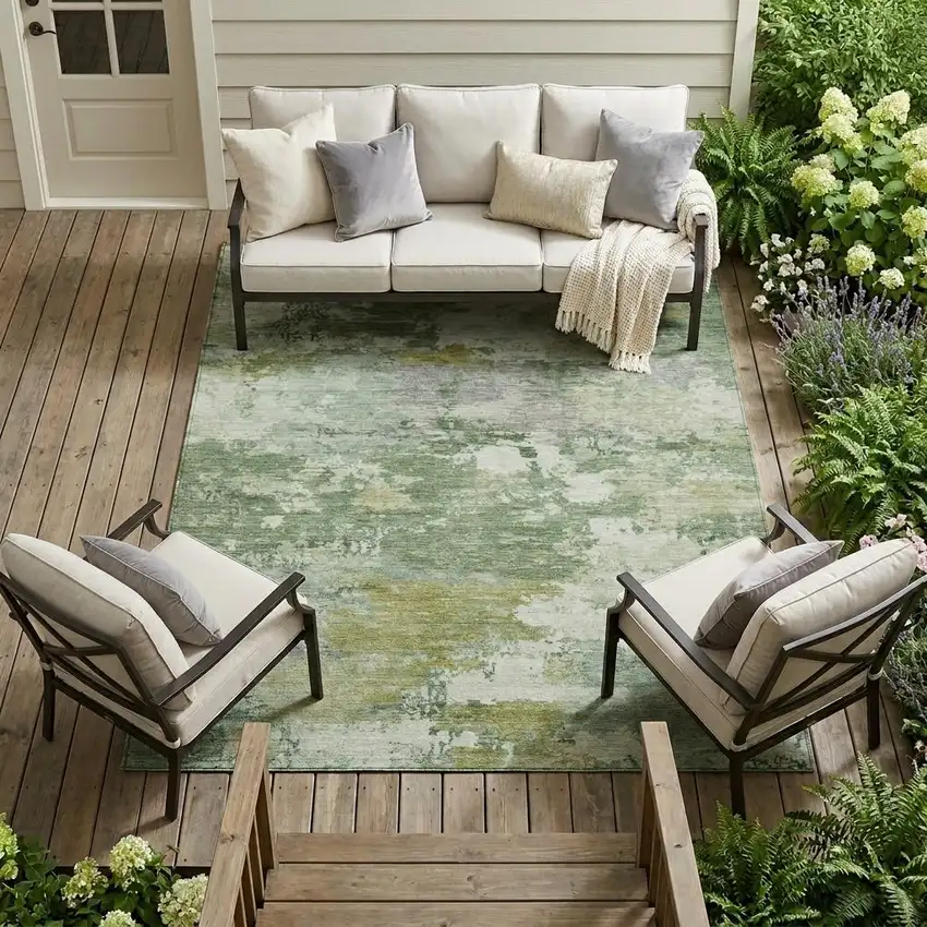 Green And Beige Abstract Washable Indoor Outdoor Area Rug Photo 1