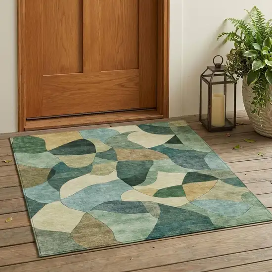 Green And Beige Abstract Washable Indoor Outdoor Area Rug Photo 1