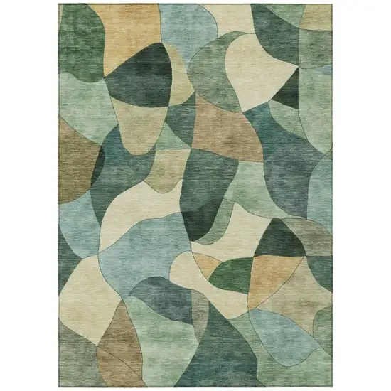Green And Beige Abstract Washable Indoor Outdoor Area Rug Photo 2