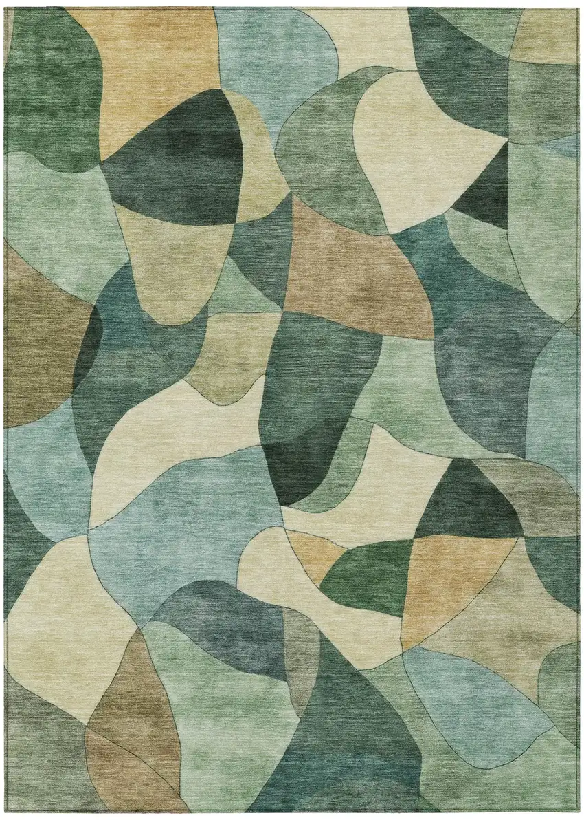 Green And Beige Abstract Washable Indoor Outdoor Area Rug Photo 2