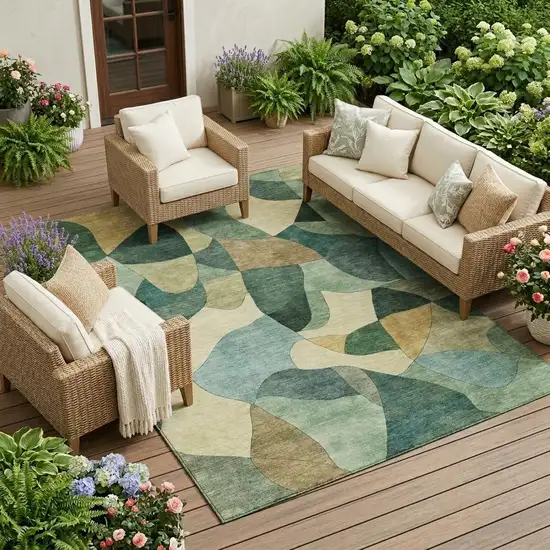 Green And Beige Abstract Washable Indoor Outdoor Area Rug Photo 1