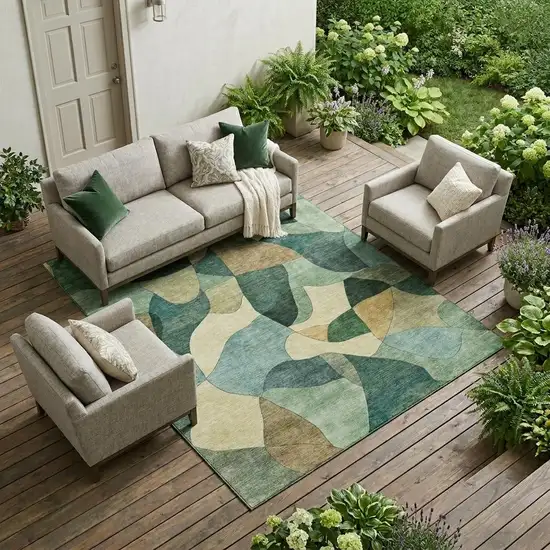 Green And Beige Abstract Washable Indoor Outdoor Area Rug Photo 1