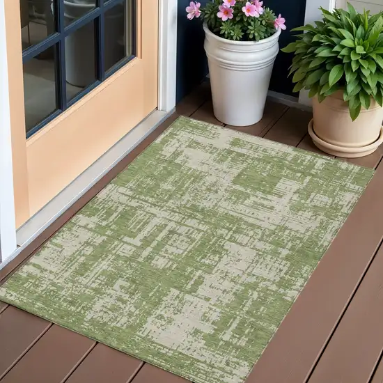Green And Beige Abstract Washable Indoor Outdoor Area Rug Photo 1