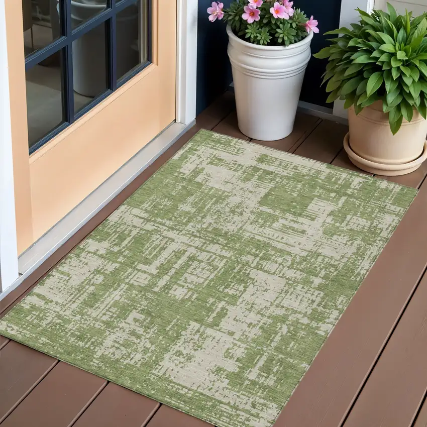 Green And Beige Abstract Washable Indoor Outdoor Area Rug Photo 1