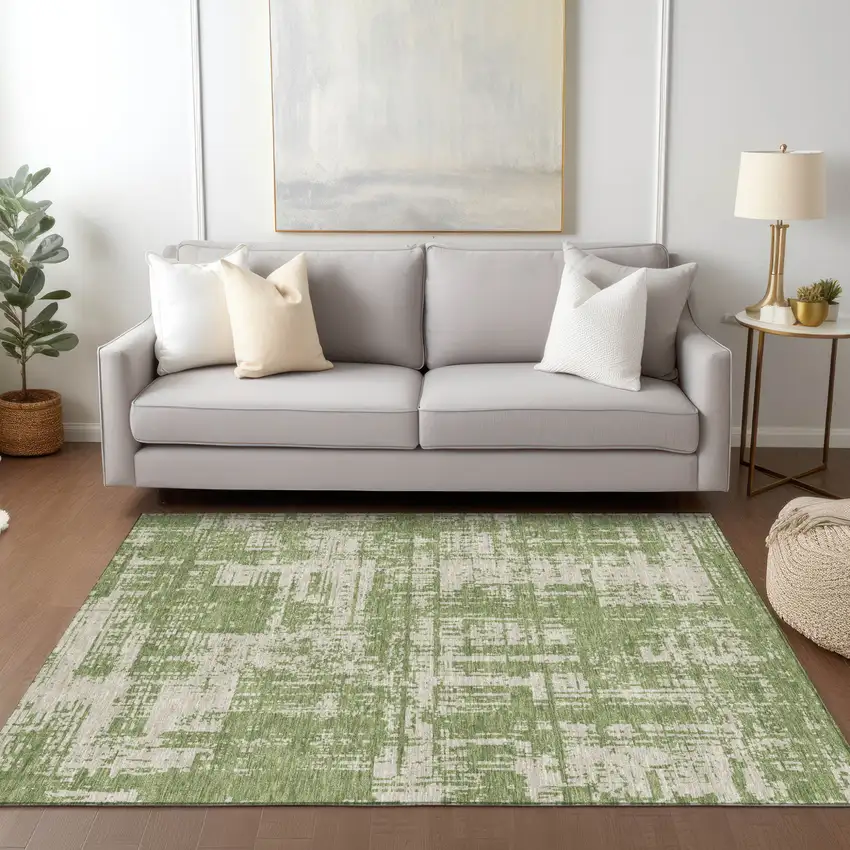 Green And Beige Abstract Washable Indoor Outdoor Area Rug Photo 9