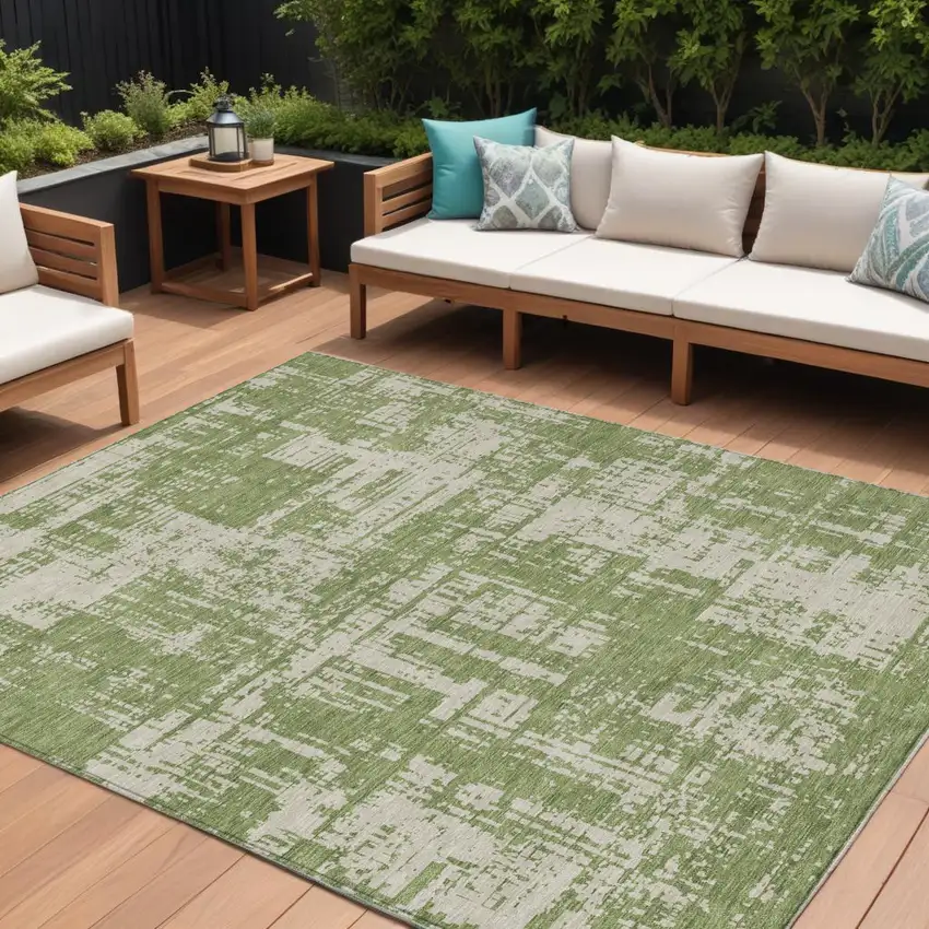 Green And Beige Abstract Washable Indoor Outdoor Area Rug Photo 1