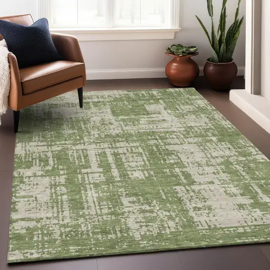 Green And Beige Abstract Washable Indoor Outdoor Area Rug Photo 9