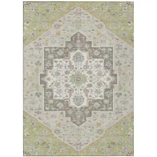 Green And Beige Floral Medallion Washable Indoor Outdoor Area Rug Photo 2