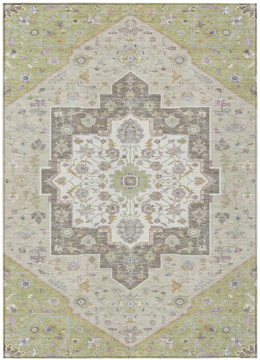 Green And Beige Floral Medallion Washable Indoor Outdoor Area Rug Photo 2