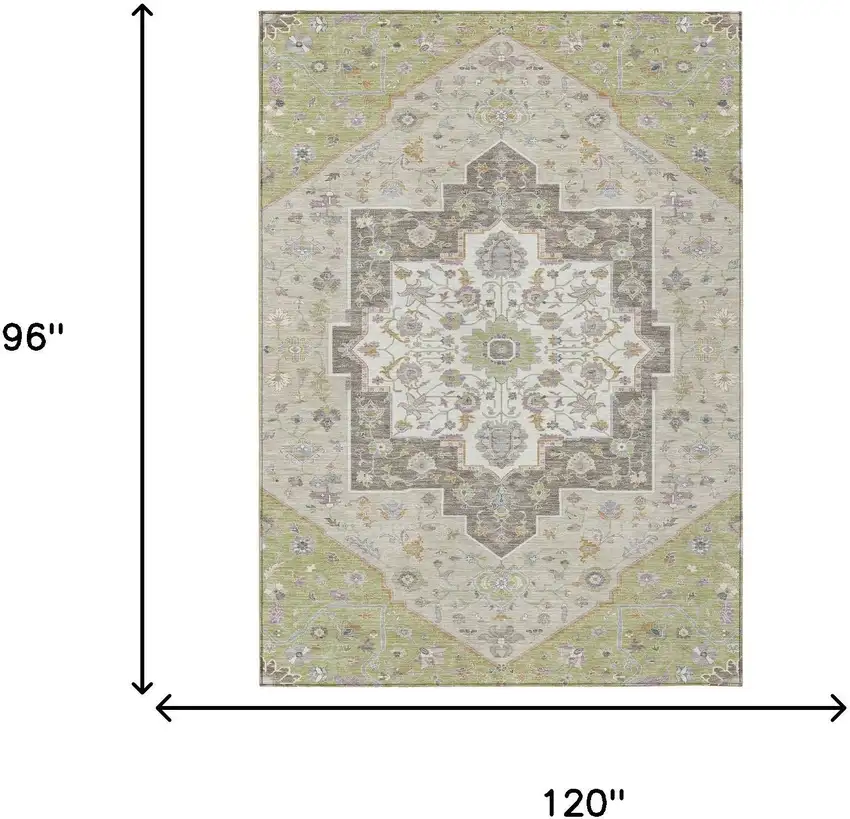 Green And Beige Floral Medallion Washable Indoor Outdoor Area Rug Photo 7