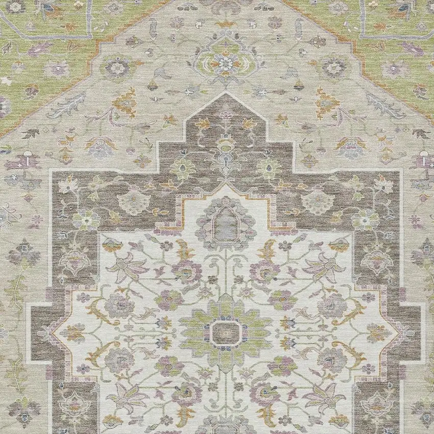 Green And Beige Floral Medallion Washable Indoor Outdoor Area Rug Photo 3
