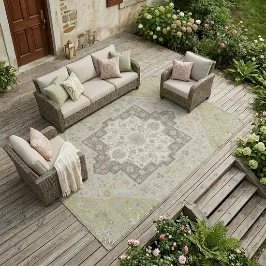Green And Beige Floral Medallion Washable Indoor Outdoor Area Rug Photo 1