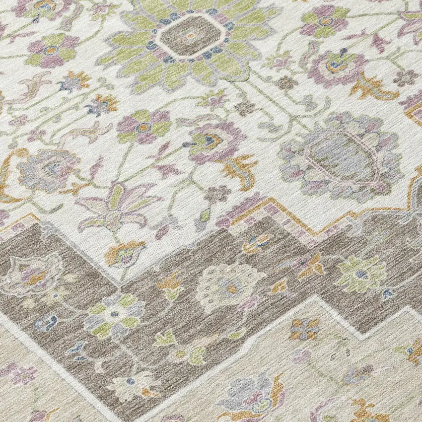 Green And Beige Floral Medallion Washable Indoor Outdoor Area Rug Photo 6