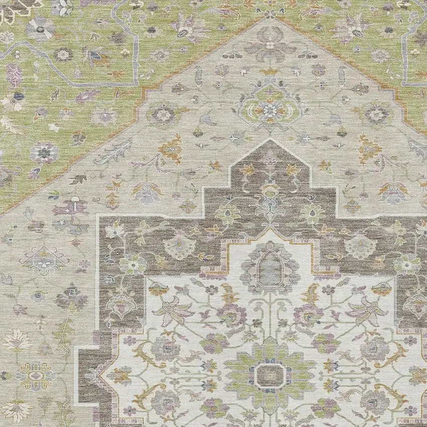 Green And Beige Floral Medallion Washable Indoor Outdoor Area Rug Photo 4