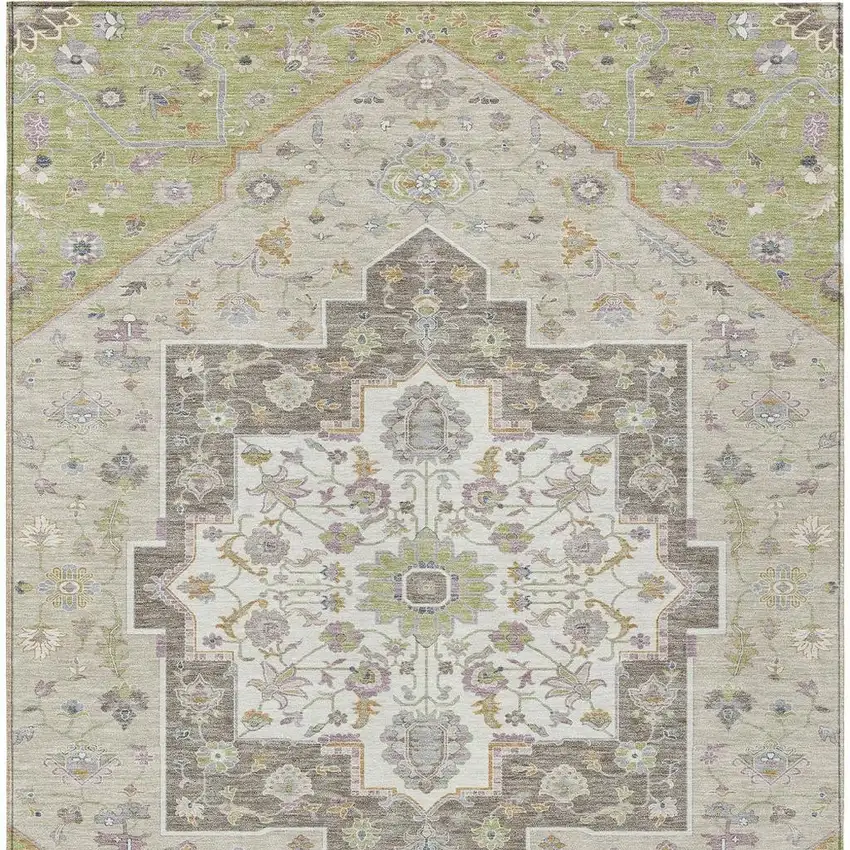 Green And Beige Floral Medallion Washable Indoor Outdoor Area Rug Photo 3