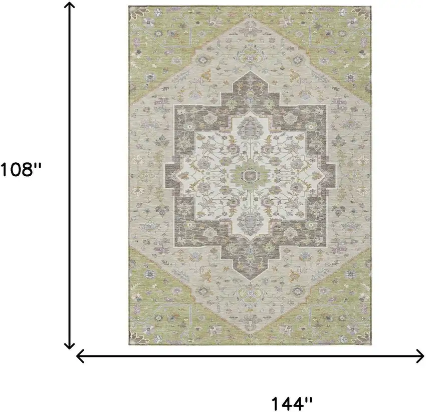 Green And Beige Floral Medallion Washable Indoor Outdoor Area Rug Photo 7