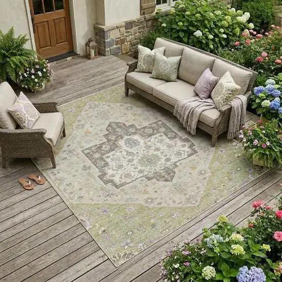 Green And Beige Floral Medallion Washable Indoor Outdoor Area Rug Photo 1