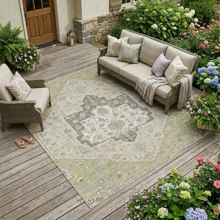 Green And Beige Floral Medallion Washable Indoor Outdoor Area Rug Photo 1