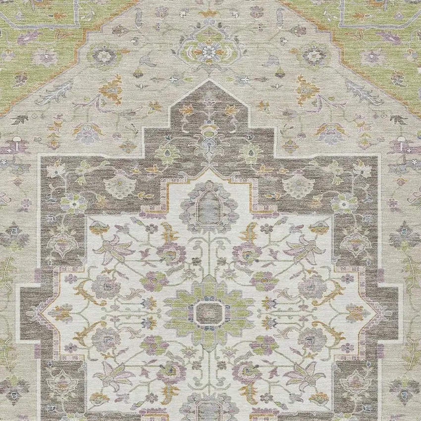 Green And Beige Floral Medallion Washable Indoor Outdoor Area Rug Photo 3