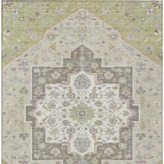 Green And Beige Floral Medallion Washable Indoor Outdoor Area Rug Photo 4