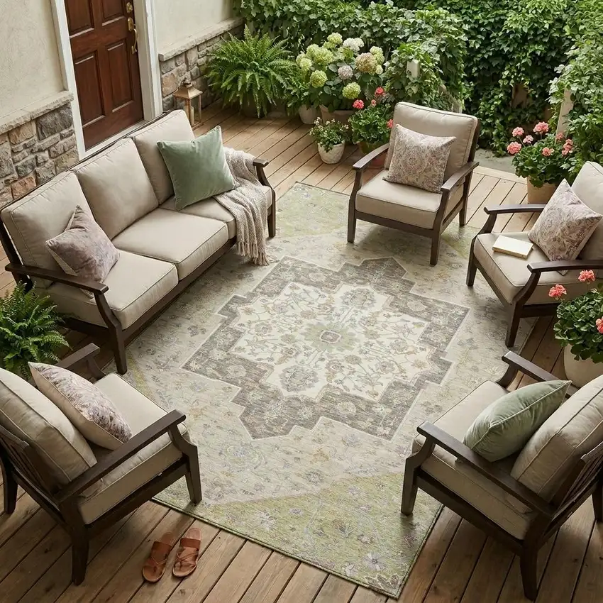 Green And Beige Floral Medallion Washable Indoor Outdoor Area Rug Photo 1