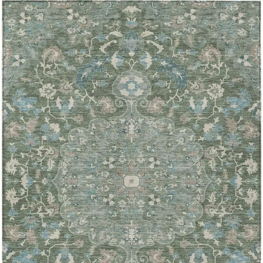 Green And Beige Floral Medallion Washable Indoor Outdoor Area Rug Photo 4