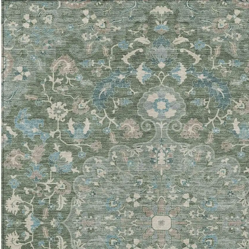 Green And Beige Floral Medallion Washable Indoor Outdoor Area Rug Photo 3
