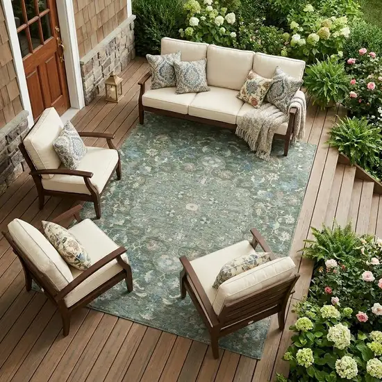 Green And Beige Floral Medallion Washable Indoor Outdoor Area Rug Photo 1