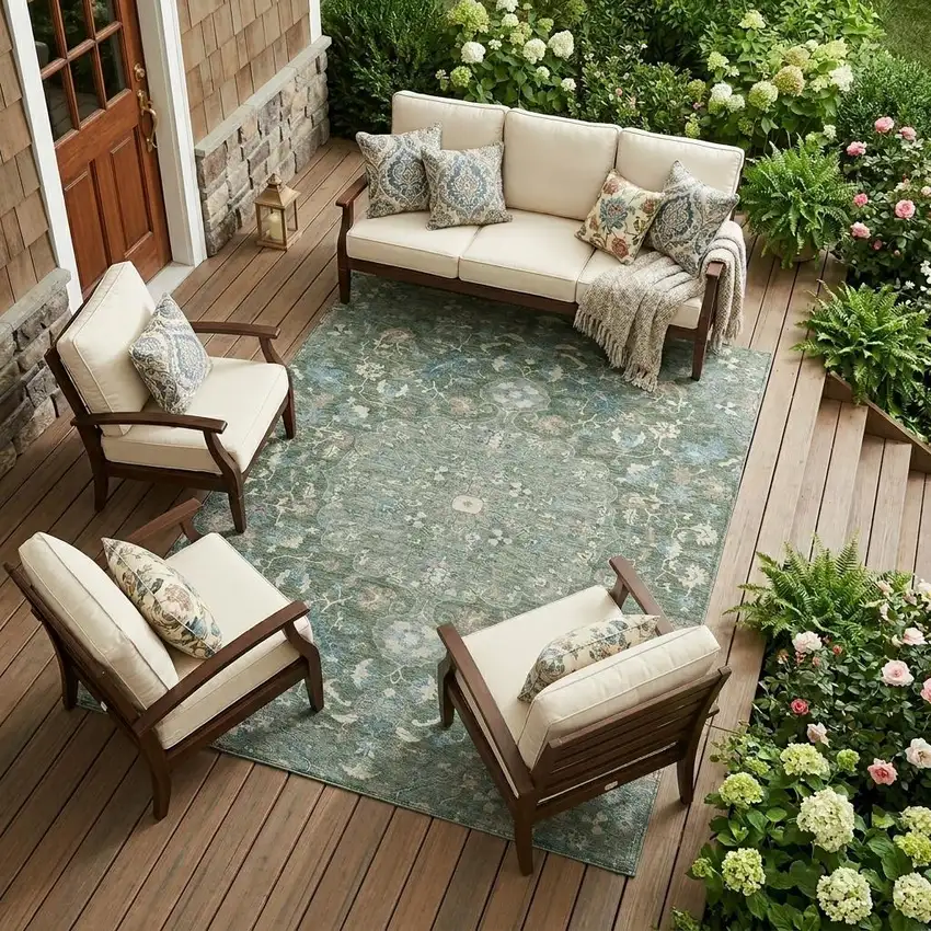 Green And Beige Floral Medallion Washable Indoor Outdoor Area Rug Photo 1