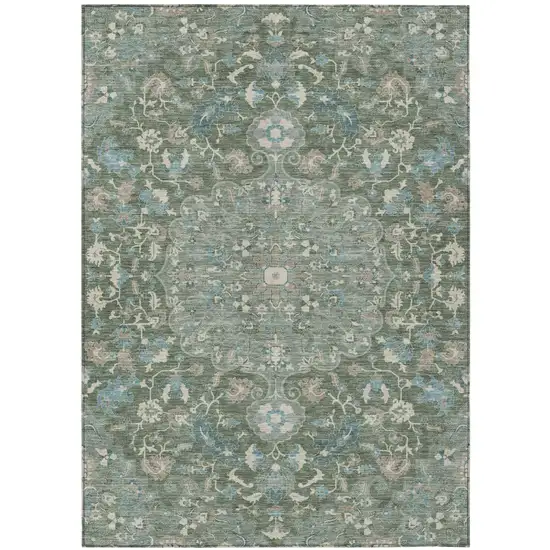 Green And Beige Floral Medallion Washable Indoor Outdoor Area Rug Photo 2