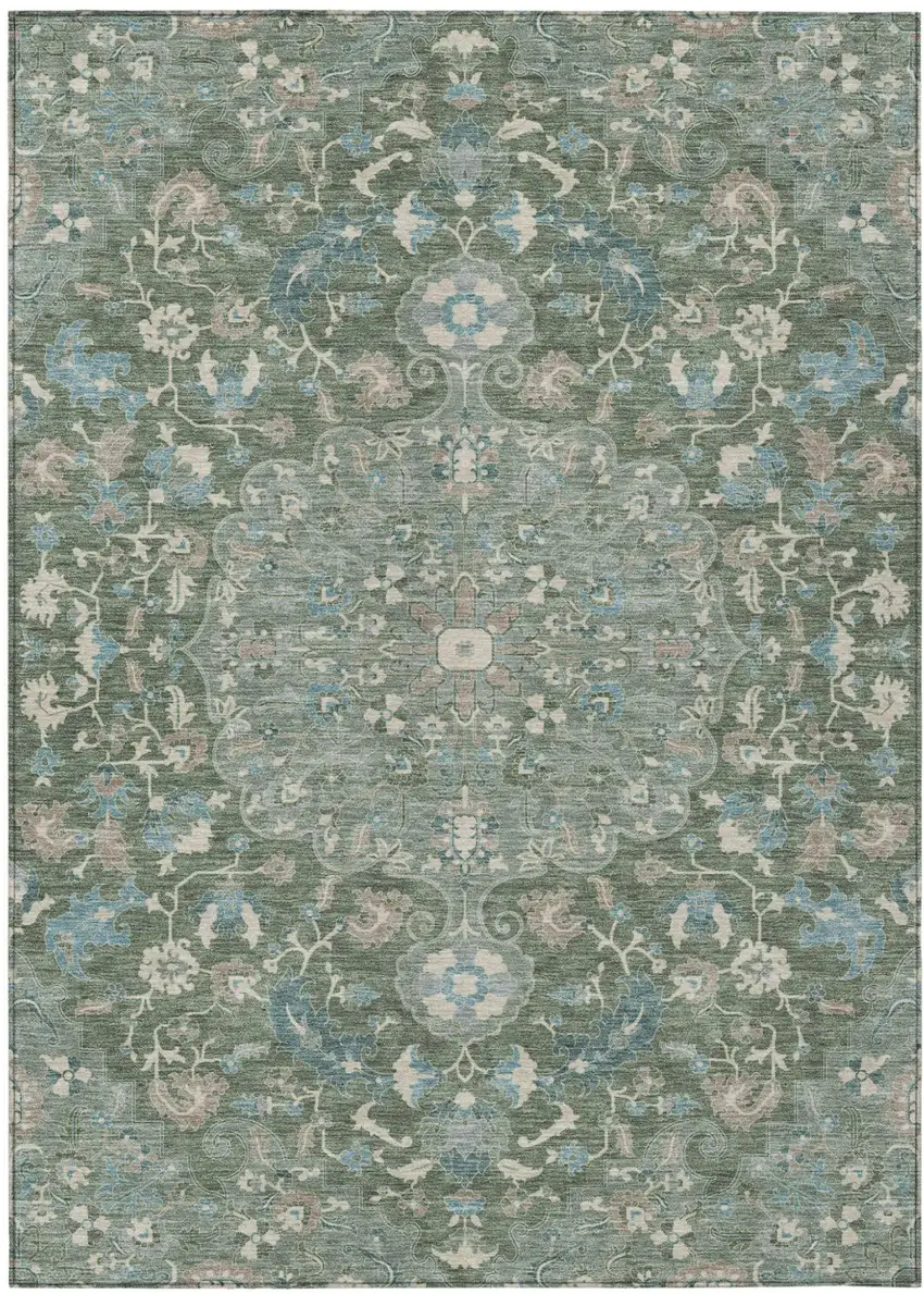 Green And Beige Floral Medallion Washable Indoor Outdoor Area Rug Photo 2