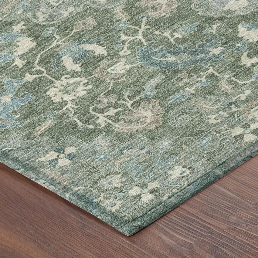 Green And Beige Floral Medallion Washable Indoor Outdoor Area Rug Photo 5