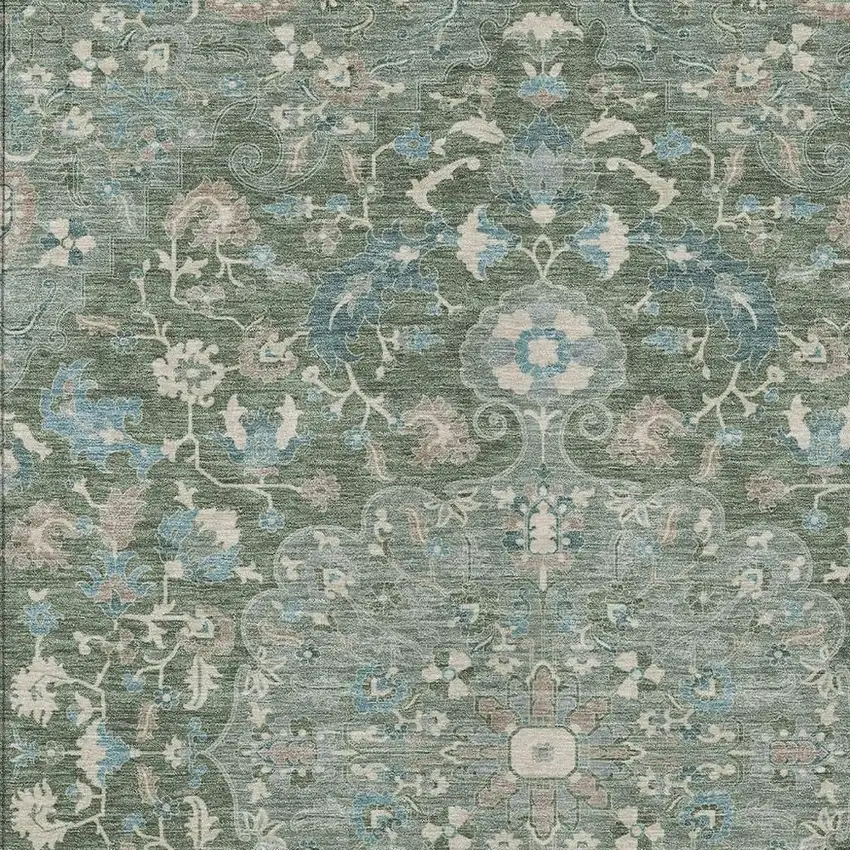 Green And Beige Floral Medallion Washable Indoor Outdoor Area Rug Photo 3