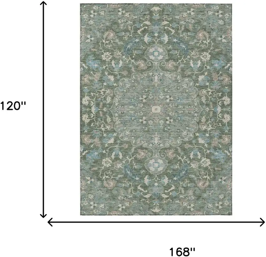 Green And Beige Floral Medallion Washable Indoor Outdoor Area Rug Photo 7