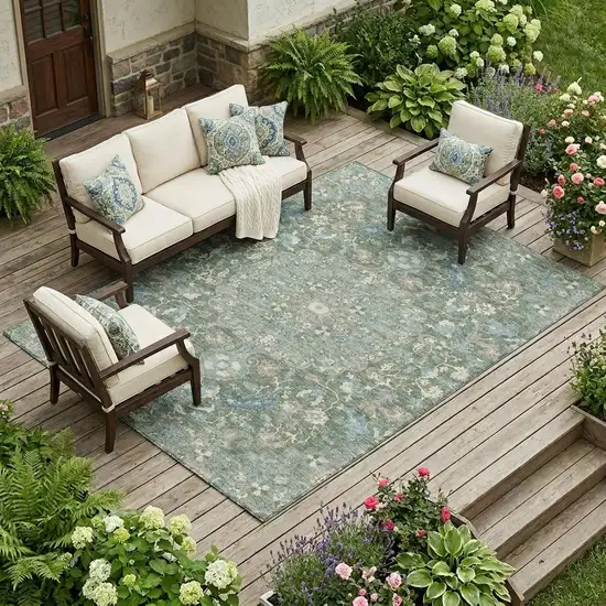 Green And Beige Floral Medallion Washable Indoor Outdoor Area Rug Photo 1